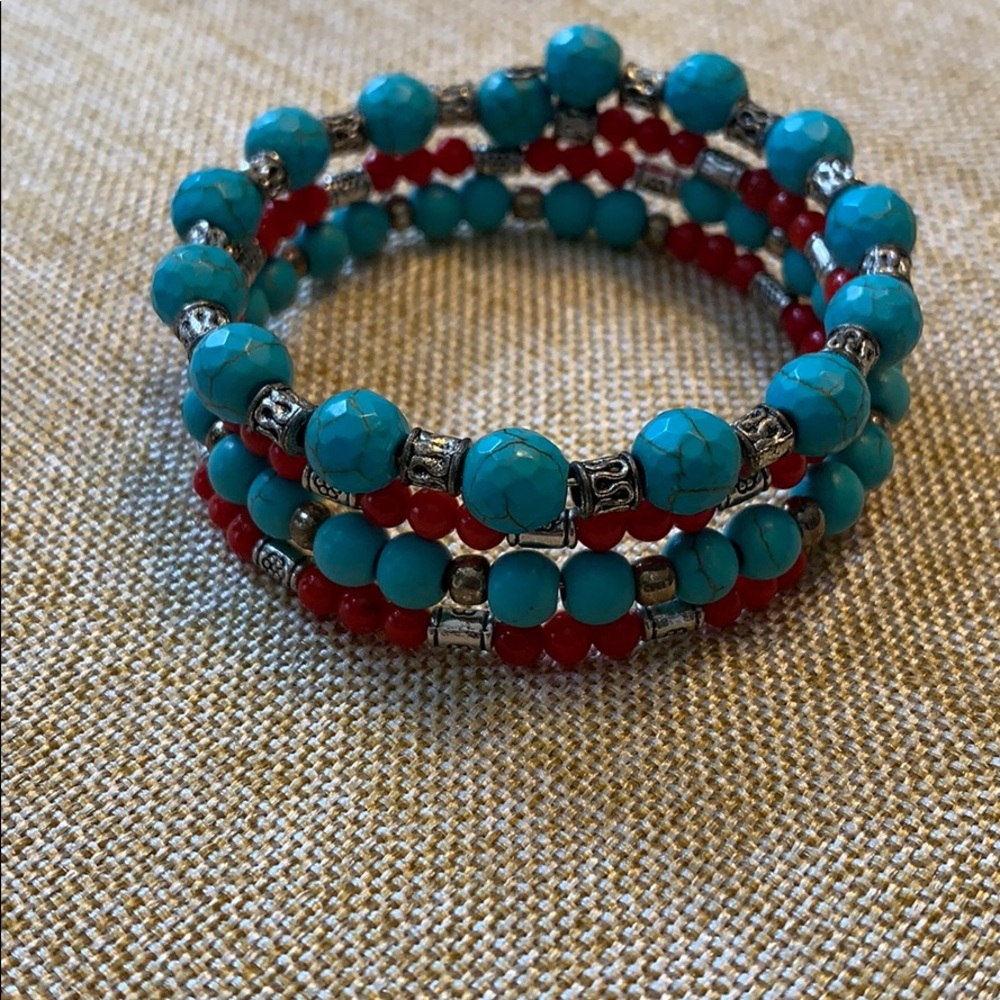 Handcrafted turquoise and red memory bracelet